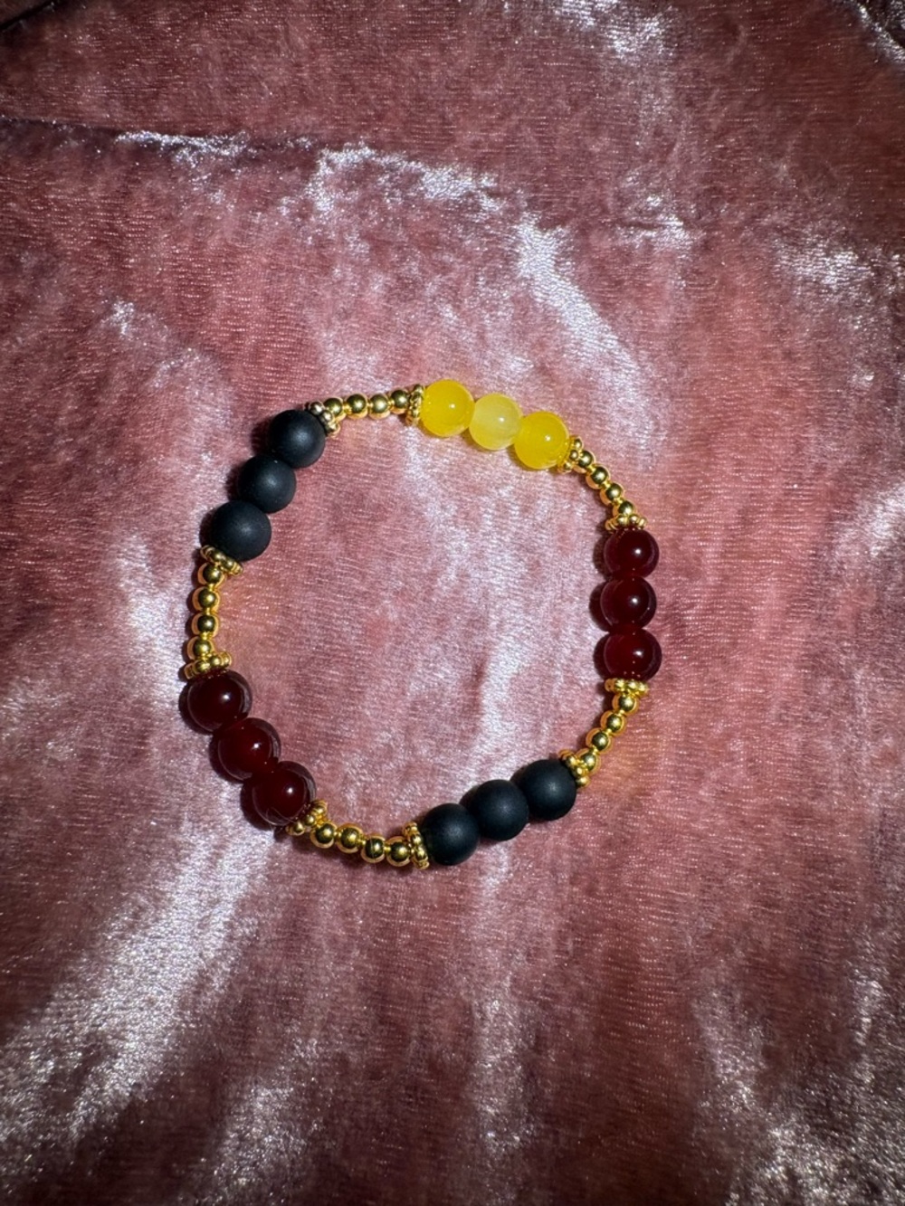 Gold Beaded Bracelet with Black, Yellow & Dark Red Accent Beads